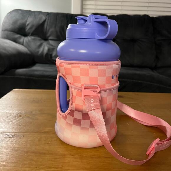 HydroJug with Pink Gingham Sleeve and Purple Lid - Picture 4 of 11